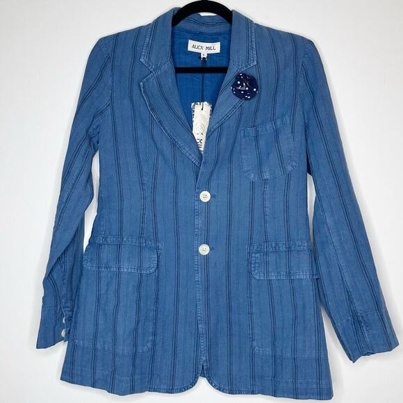 NWT Alex Mill Linen Pinstripe Boy Jacket Blazer Women's Indigo Blue Size Small - Picture 2 of 6